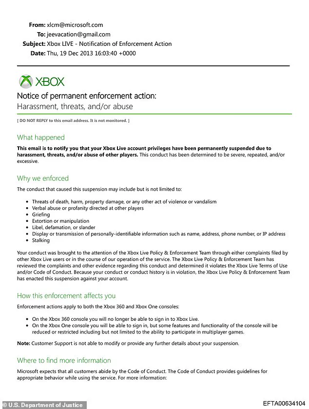 DOJ Releases Internal Communications Revealing Epstein's 2013 Xbox Live Suspension Over Harassment Allegations