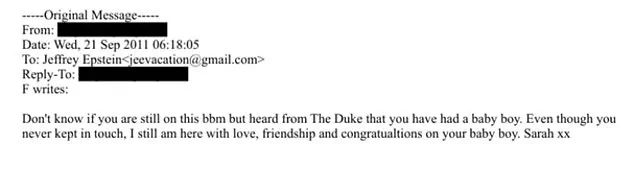 Newly released emails reveal Sarah Ferguson's congratulatory message to Jeffrey Epstein on 'baby boy' days after his release, implicating high-profile figures in Epstein's crimes