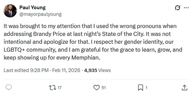 Memphis Mayor Paul Young Apologizes After Misgendering Transgender Activist Brandy Price During State of the City Speech