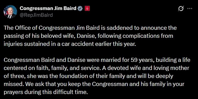 Danise Baird, Wife of Congressman Jim Baird, Dies from Car Accident Complications