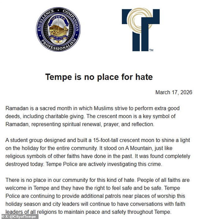 Islamic Crescent Moon Vandalized in Tempe; City Condemns Hate, Pledges Protection During Ramadan