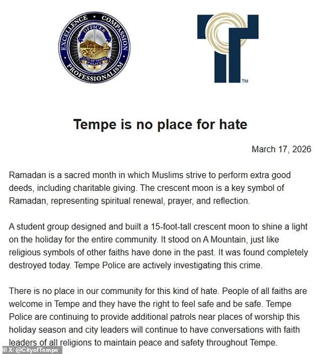 Islamic Crescent Moon Vandalized in Tempe; City Condemns Hate, Pledges Protection During Ramadan