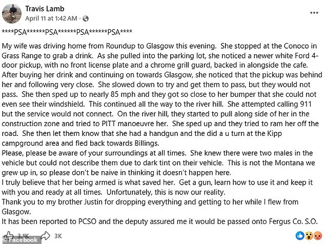 Woman's Husband Warns Wife After Pickup Truck Stalks Her on Montana Highway